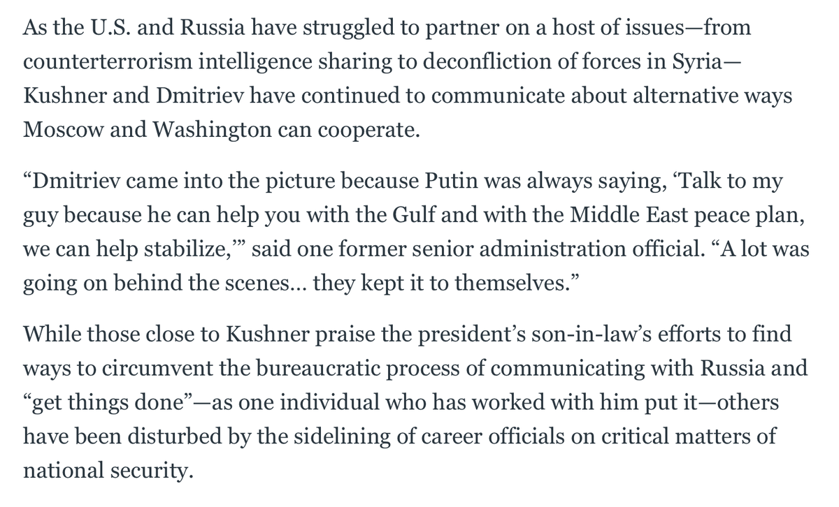 Shorter: Kushner found that elusive backchannel to Putin that Erik Prince wanted! It's the guy Prince met in the Seychelles while Obama was President. So arrest them all.