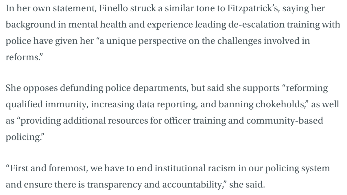 I oppose defunding the police. I've worked with law enforcement to lead de-escalation trainings, and I know we need more resources for community-based policing programs to ensure we keep everyone in our community safe.  https://whyy.org/articles/in-bucks-race-fitzpatrick-and-finello-stake-out-similar-moderate-territory-on-policing/