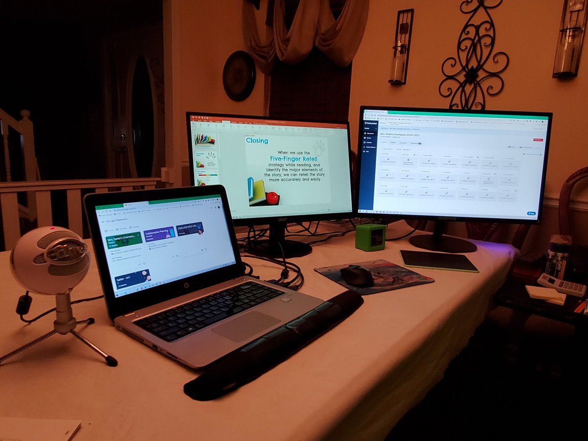 stacyrsalter's tweet image. When you can&apos;t see kids in the classroom,  you find a way to reach them. GoGuardian on one, Google Meet on the other and presentation on the 3rd. We&apos;ve all become somewhat tech geeks in this new norm. Connectivity!#NeverStopLearningHCS  @HenryCountyBOE