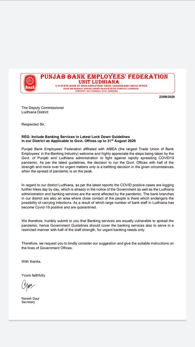 Rainarkesar's tweet photo. With rising COVID19 cases among staff, Banks hv become equally vulnerable to spread the pandemic Govt should include banking in latest lockdown guidelines for offices to work with 50% staff #PBEF #BankersLifeMatter
@capt_amarinder @CsPunjab DC Ldh @VarinderIAS @LudhianaDpro https://t.co/g38Mn5e74e