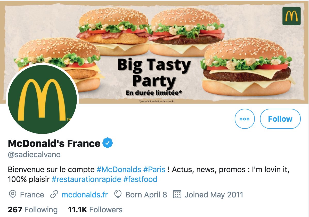 It's not entirely clear what's happening here, but it's possible that someone plunked down $1000 to buy a verified Twitter account ( @sadiecalvano, permanent ID 307102804) for the purpose of trolling McDonald's.