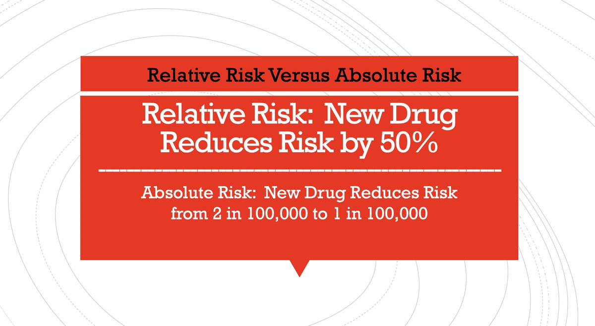 Time for some  #biostats. Here's how I talk about risk reduction w/ pts in  #oncology clinic. If someone says, there's a 50% reduction in the risk, you need to know if they're talking about relative risk or absolute risk.  #COVID19  #MedEd
