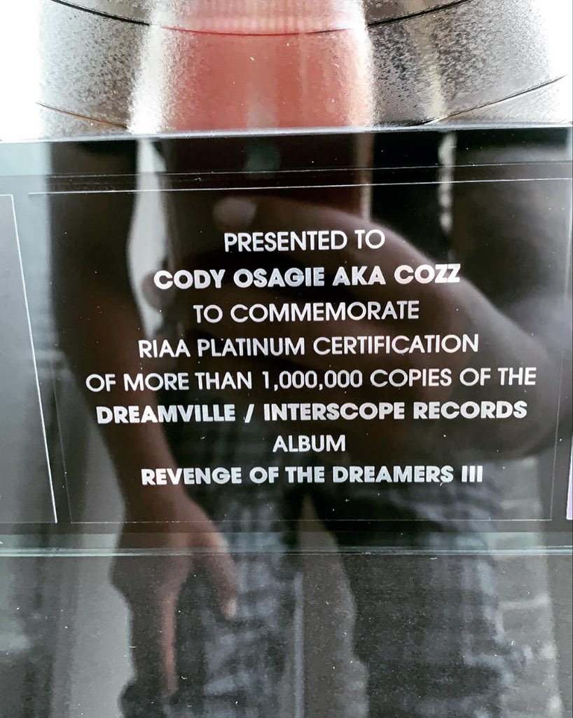 cozz's tweet photo. Fuggn platinum plaque boyzzzzz. Just the first one! New music coming real soon, shoutout @Dreamville https://t.co/aZgqf4eY2W