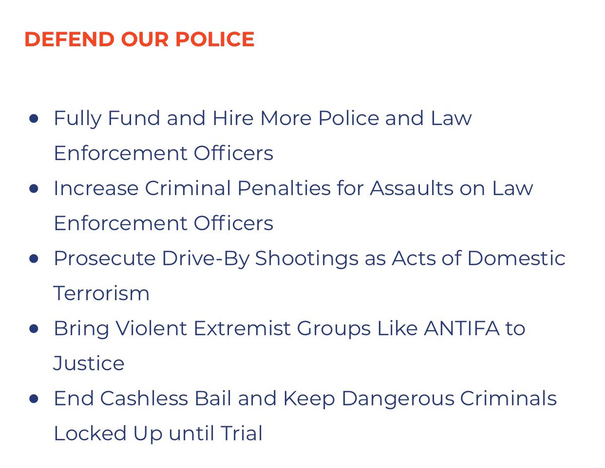 Defend Our Police (6/9):•Fund and hire more police•Increase penalty for officer assaults•Drive-by shootings = terrorism.•Bring groups like ANTIFA to justice•End cashless bail