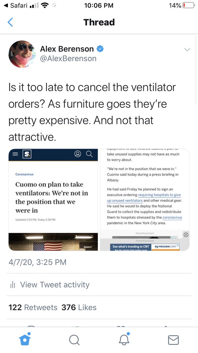 4/ But now - “unexpectedly, the vast majority of ventilators are going unused” and sitting in a stockpile. UNEXPECTEDLY, I SAY. Who could have expected it? It was not at all obvious to anyone paying attention by early April.