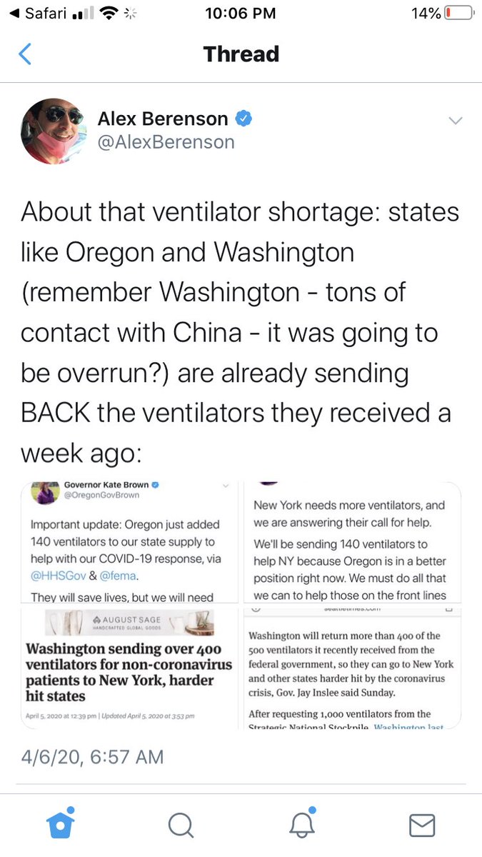 4/ But now - “unexpectedly, the vast majority of ventilators are going unused” and sitting in a stockpile. UNEXPECTEDLY, I SAY. Who could have expected it? It was not at all obvious to anyone paying attention by early April.