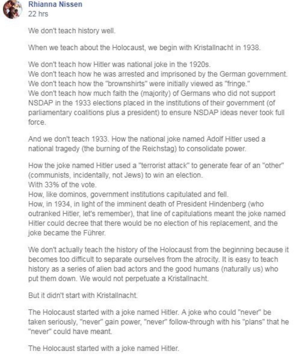 in the 20s, the nazis were a fringe group that were looked down upon. hitler rose to fame through fear, warning that jews and communists would destroy their great country and promising to “make germany great again” (an actual quote)