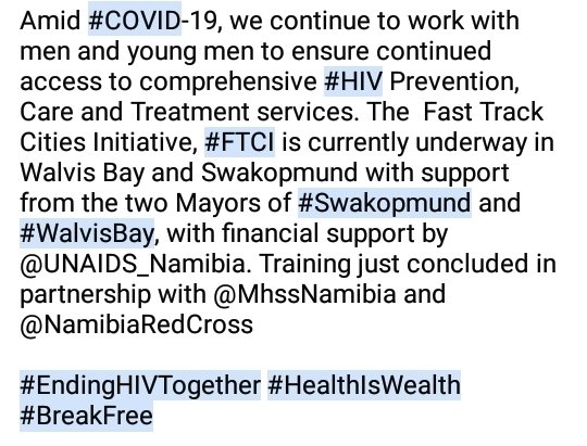 SFHNamibia's tweet photo. Amid #COVID-1. The Fast Track Cities Initiative, #FTCI is currently underway in Walvis Bay and Swakopmund with support from the two Mayors and financial support @UNAIDS_Namibia. Training just concluded in partnership with @MhssNamibia, @NamibiaRedCross https://t.co/FRg3qtU2mN https://t.co/1tMyR9Pldx