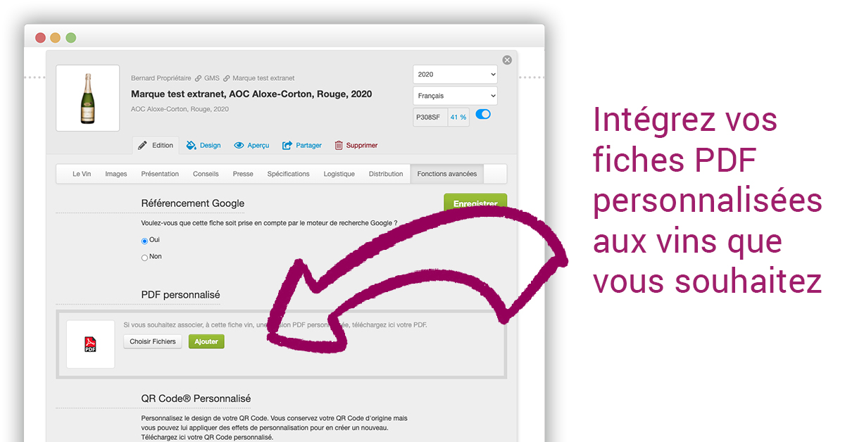 Vous pouvez intégrer des fiches PDF personnalisées externes à votre compte vin.co en vous rendant dans l’onglet Fonctions avancées de votre vin.
#marketingdigital #contentmanagement #winebusiness #vin #champagne #spiritueux #wine