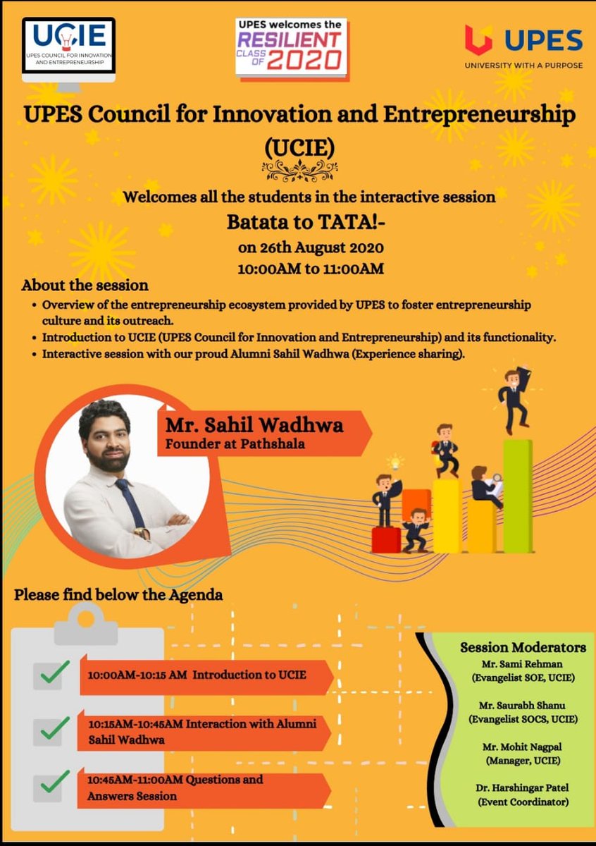 pathshalaonweb's tweet photo. Our Founder Mr Sahil Wadhwa(@swphotographie) will be live in an interaction with @UPESDehradun Students on 26th Aug.
Link will be shared soon.
#PathshalaOnWeb #UPES #LiveTalk #Entrepreneurship #SchoolOfEngineering https://t.co/9P89XVsLVj