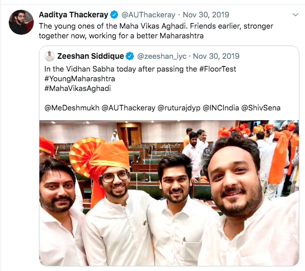In fact you can also find several images of  #adityathackeray with Baba Siddiquis son, who is a Congress leader and first-time MLA Zeeshan Siddique wishing the Yuva Sena leader on his birthday. But then this can be dismissed as they are a joint party ruling Maharashtra