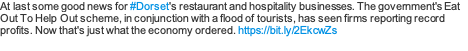 CoversurePoole's tweet photo. At last some good news for #Dorset's restaurant and hospitality businesses. The government's Eat Out To Help Out scheme, in conjunction with a flood of tourists, has seen firms reporting record profits. Now that's just what the economy ordered. https://t.co/tyRwjawer2 https://t.co/ERiwtJ8q5b