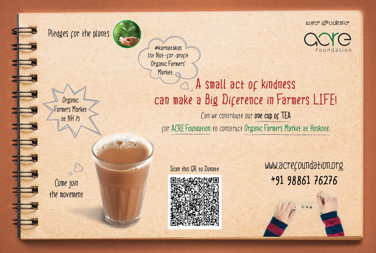#karnataka1stnotforprofitorganicfarmersmarket
Acre Foundation is constructing Karnataka's 1st Not -for -Profit Organic Farmers Market at Hoskote Bengaluru Rural. 
Kindly Contribute the cost of one cup tea...Rs10  and Join the movement.
 Scan the code on below image to contribute.