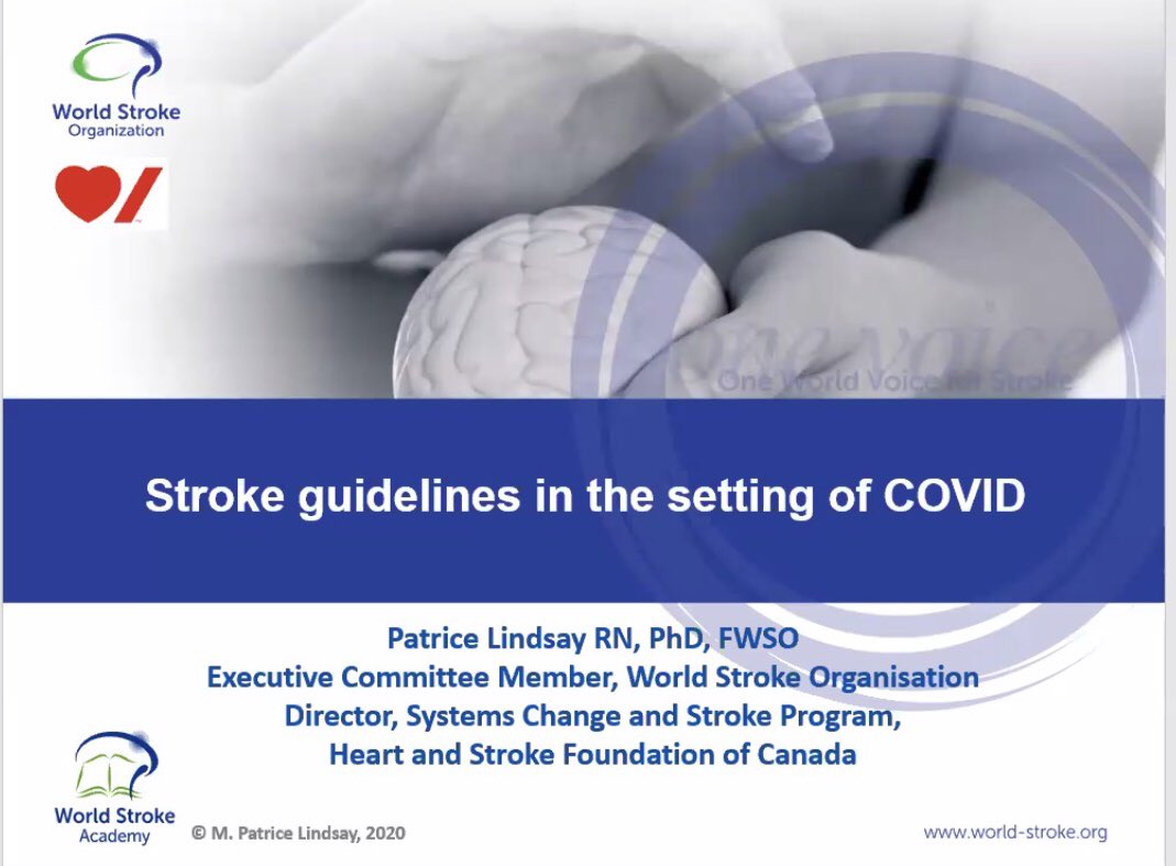 1.  @WorldStrokeOrg webinar on the development of  #stroke  #guidelines took place last week. Patrice Lindsey shared the experience of  #Canada in  #COVID times. See the thread 