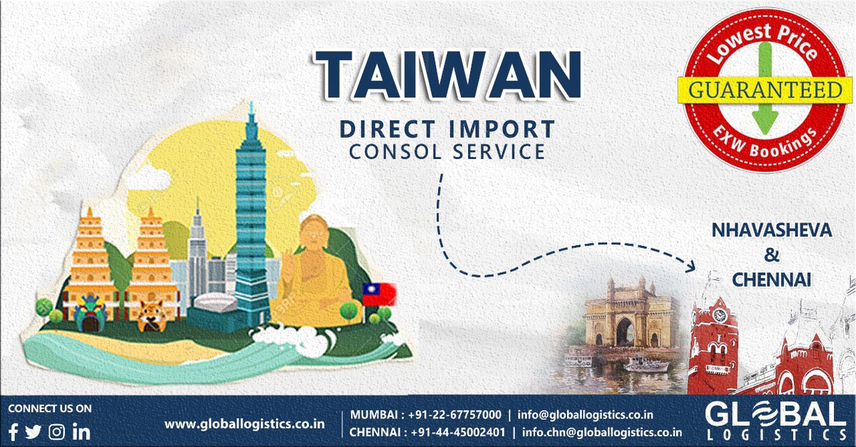 Glsindia2006's tweet photo. Global Logistics’ Direct Import Service helps you connect to Taiwan with ease.

BOOK NOW to get LOWEST PRICE on EXW Bookings!

#lowestpriceguaranteed #exw #taiwan #mumbai #nhavasheva #chennai #transportation #logistics #directlcl #import #globallogistics https://t.co/tyraC6dyAD