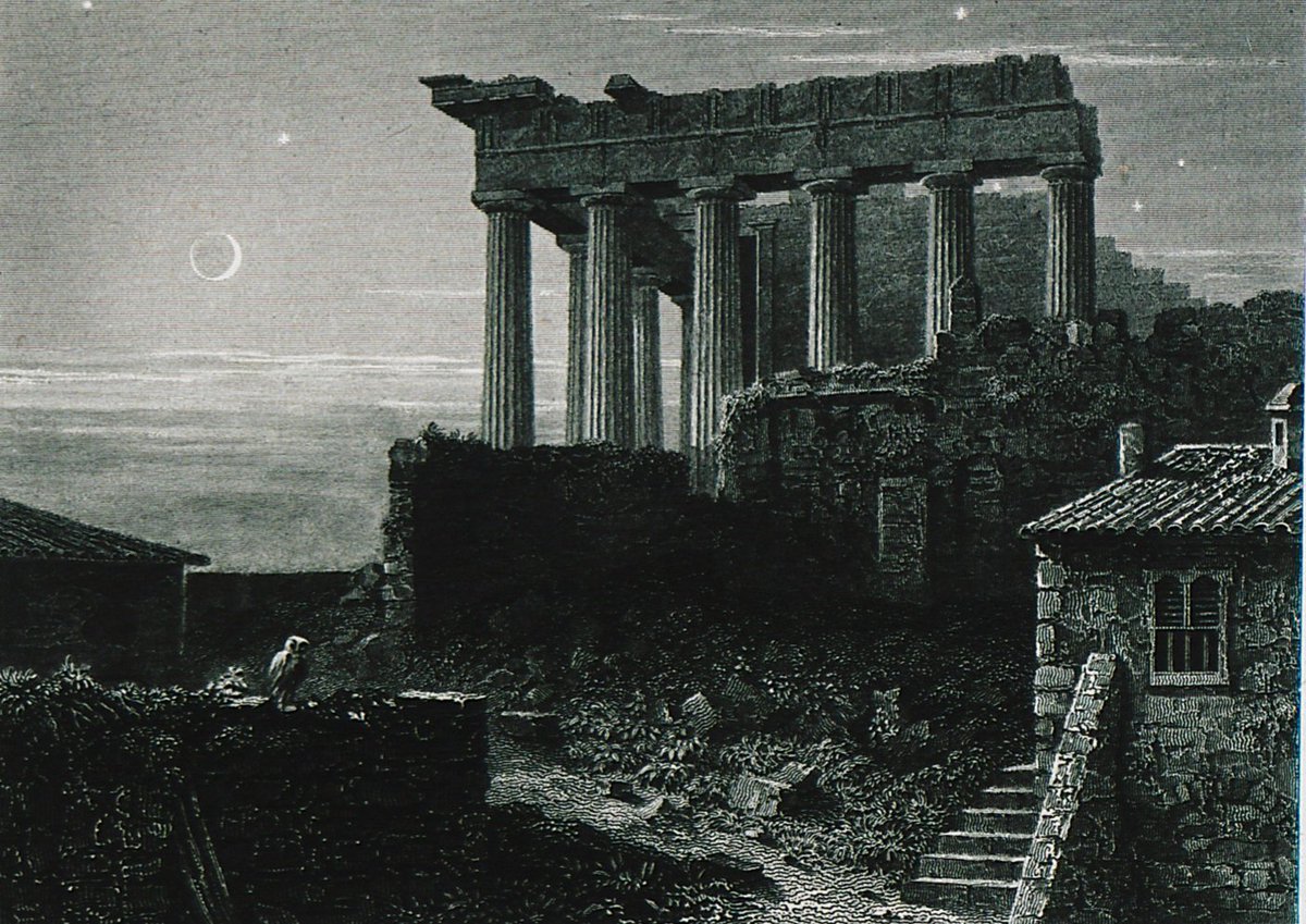 Theodore8B's tweet image. Parthenon in 1829 by H. W. Williams
almost magical scenery with very strong implications
note the glafka owl (Athene noctua-Αθηνά η νυκτία) standing in the light of rising new moon