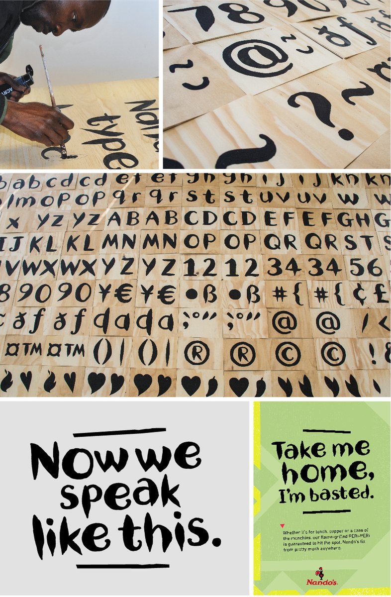 On the more technical side, Nando’s have their own themed font that was first hand-painted by artist and sign writer, Marks Salimu (any relation  @k4rldrogo? lol). It was then digitized for commercial use by a designer called Jan Erasmus in 1999.