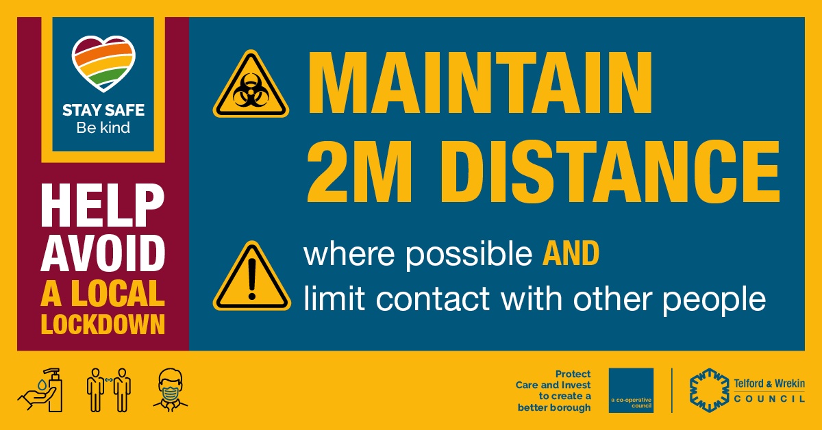 TelfordWrekin's tweet photo. Limiting contact with others will help avoid a local lockdown.

➡️ Keep 2m apart where possible or 1m when you can mitigate the risk.
➡️ Work from home if you can

#AvoidLocalLockdown https://t.co/tGziGRRoYt