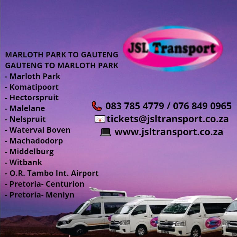 JSL Transport Shuttles &amp; Tours is proud of our excellent, reliable and safe shuttle services throughout the Republic of South Africa
For bookings for our other services, please contact us at:
Tel: +27 (0)13 793 7124
Cell: +27 (0)83 785 4779
email: tickets@jsltransport.co.za