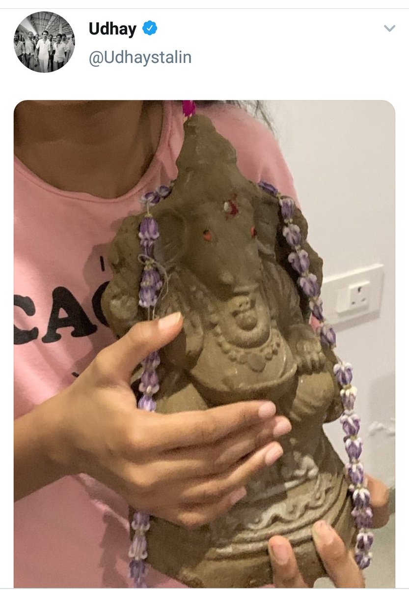 Breaking the long held Dravidian political tradition of refraining from participating in Aryan festivities, Udhayanidhi, chellamly referred to as Udhayanna by DMKians, posted a picture of a Punool wearing Pillaiyar on Vinayagar Sathurthi.  #NTK_desanskritization_movement