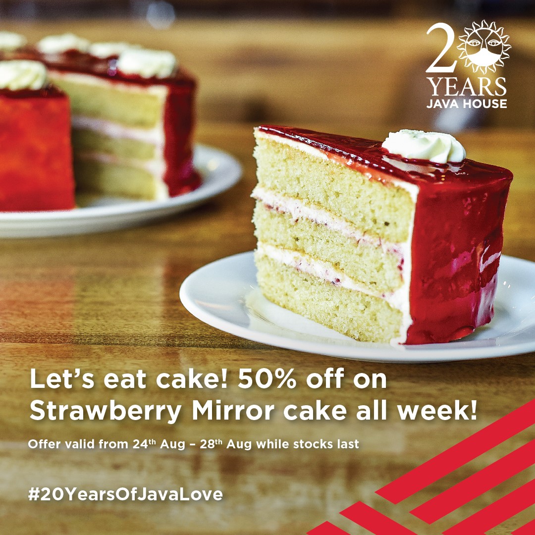 javahouseafrica's tweet photo. We continue to celebrate all our guests for the past 20 years. Get a discount on the delicious strawberry mirror cake this whole week. Available now across all Java branches, food apps or via our website: https://t.co/rIuAERZJZs
#20YearsofJavaLove https://t.co/B1ocrVNl0L
