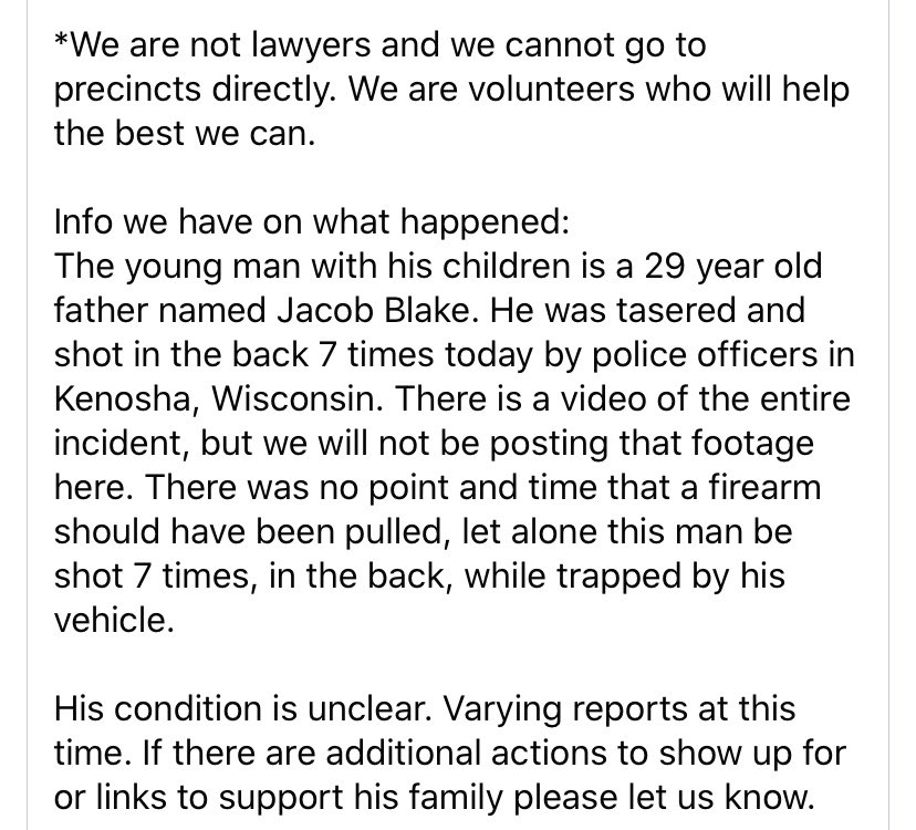  The Milwaukee Freedom Fund is offering their support to Kenosha Protestors  Info from their Facebook page and their support request link:  https://docs.google.com/forms/d/e/1FAIpQLSfsHBaIXiKP_-QJNce4OTZ0f7BlSx_Tj3L2NFDEzZDfshVbtQ/viewform