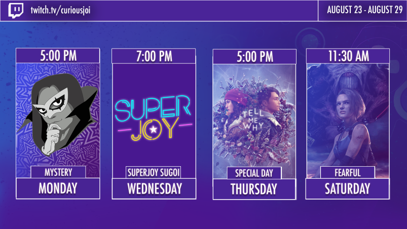 curiousjoi's tweet photo. See you this week on https://t.co/s2AEpms7IJ!

I'm really excited for Thursday!!!!!!!! Tomorrow will probably be a fighting game I dunno that's why its a mystery! https://t.co/8LLqa9ImvD