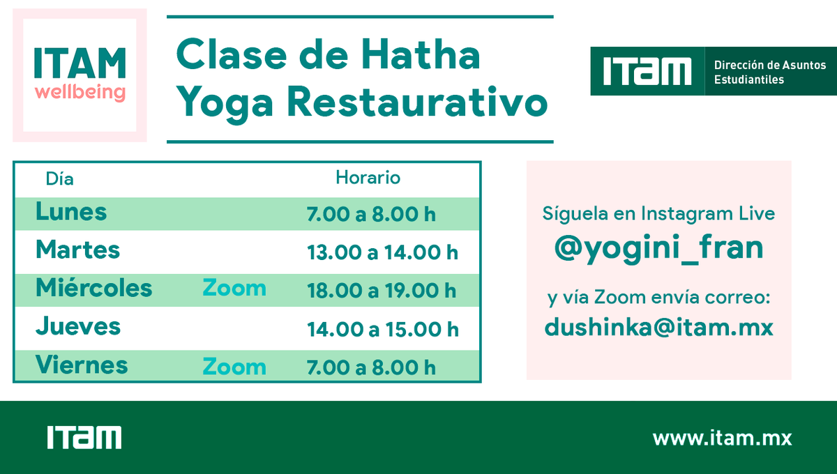 YogiFrancoise's tweet photo. *Programa #ITAMwellbeing*
Te esperamos toda la semana para acompañarte con energía relajada en tus estudios con #HathaYogaRestaurativo.
¡Juntos, fuertes!
Françoise Brailovsky
#QuedateEnCasa #SaludItam #SubdirecciónDeBienestarIntegral
#ShalaMahuri #BackMitra https://t.co/G8mTfeBbMJ