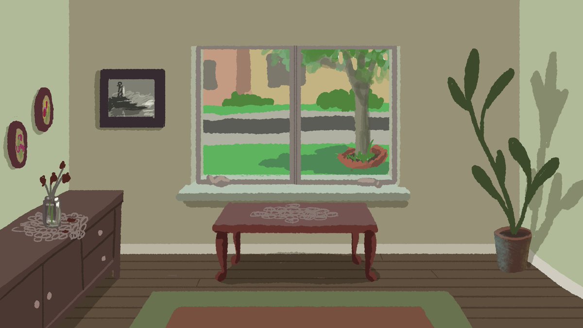 Here's a rough painting of a room. Let's say all of the colors are correct, the level of rendering is sufficient. This is a useable BG, but everything is getting hit with the same level of light. Here's where a little knowledge of photography can help.