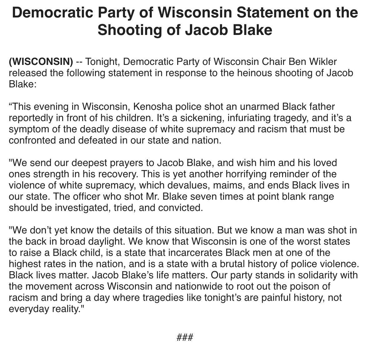 Full official statement from  @WisDems on the horrific shooting of Jacob Blake: