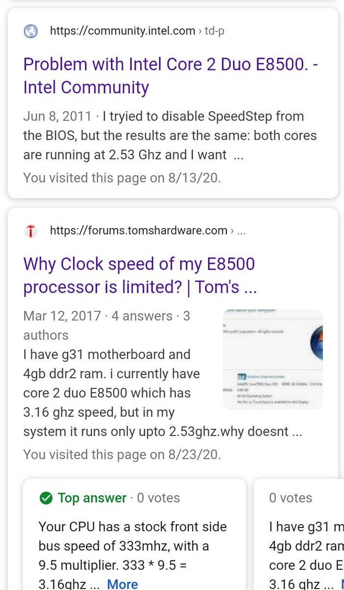 Got the intel E8500 last week, and ran into a few problems right away. The 3.16ghz cpu was only running at a 2.53ghz. Looked up the issue online and figured out that I had to manualy set the motherboard FBS (to 333 from 255 stock) in the bios .