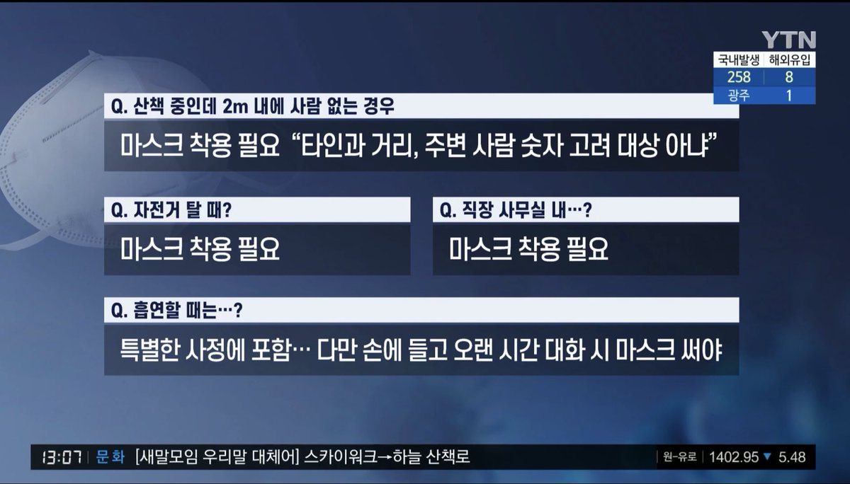 마스크 착용 의무화
1. 산책 중인데 2m 이내 사람 없는 경우 
=> 착용해야 “타인과의 거리, 주변 사람 숫자는 고려 대상 아냐”
2. 자전거 탈 때 => 착용해야
3. 직장 사무실 내 => 착용해야 
4. 흡연시 => 손에 들고 오랜 시간 대화시 착용해야
