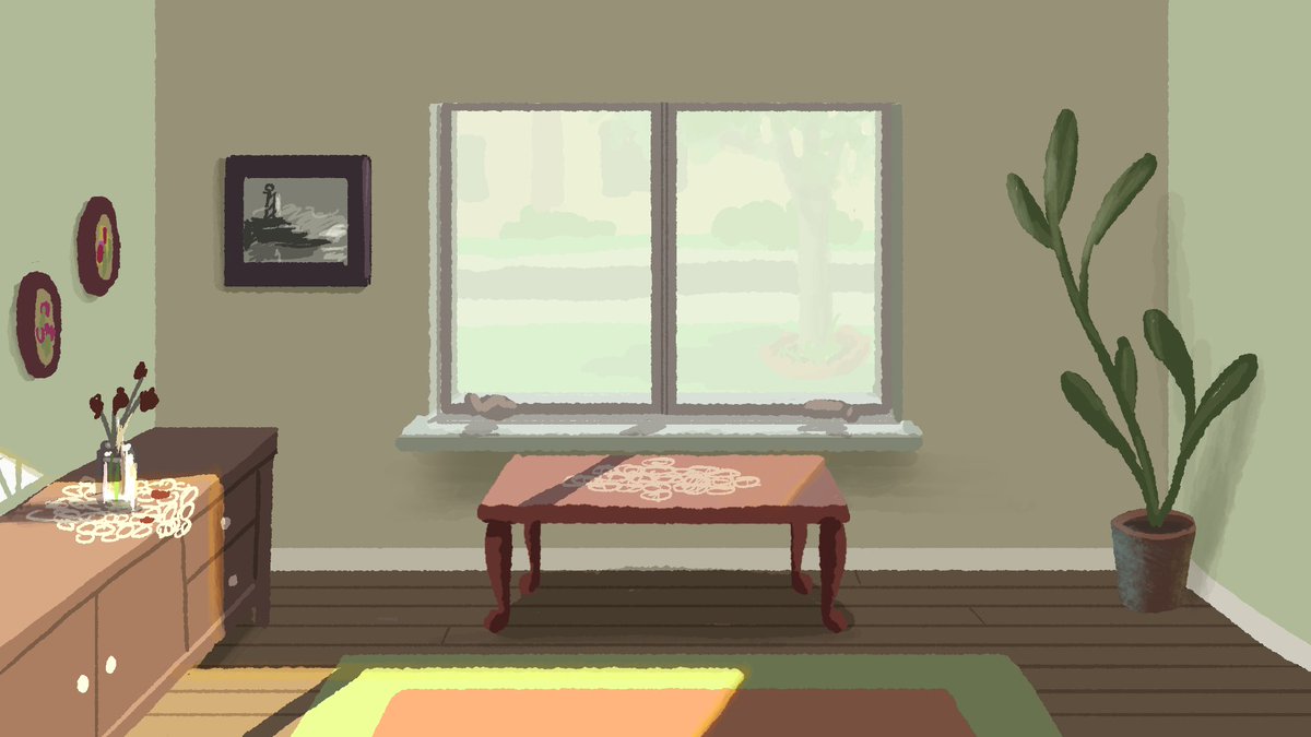 Here's the same room but as if we're inside of it and our eyes have adjusted to the light inside. Maybe we just removed the window shades. Everything outside is blown out, but everything inside looks nice and bright. This is the default lighting setup for Tig N' Seek.