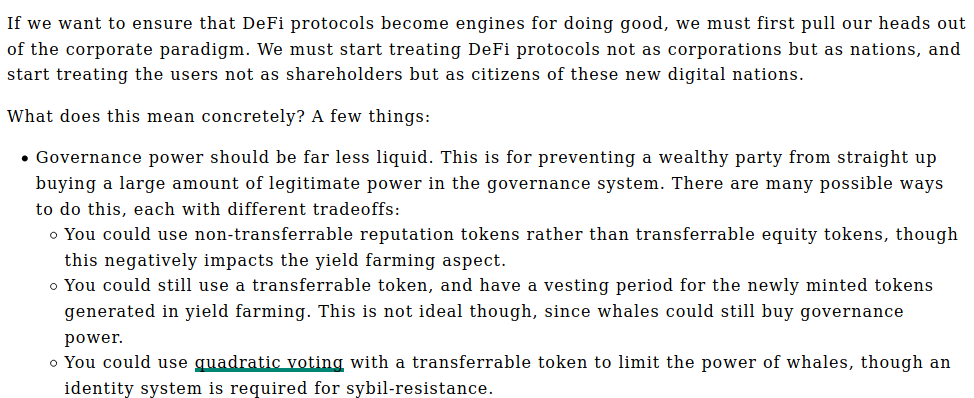 VitalikButerin's tweet photo. Good to see the message that good governance is illiquid governance catching on!

From: https://t.co/a5VGTQk18L

See also my posts:

* https://t.co/cezOk1ilHy
* https://t.co/wCjLcUoyxY
* https://t.co/LTMrsxFeuS https://t.co/EqcAg33r9u