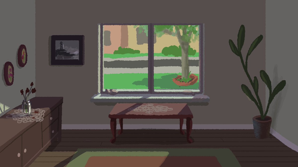 Here it is again but with out eyes adjusted to the outside as if we're looking outside. Things seem a bit dark inside. If we put a character in there, we'd have to color them darker than their main model. This BG would work well if we were looking at a character outside.