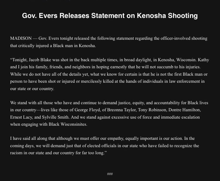  @GovEvers statement on  #jacobblake shooting.