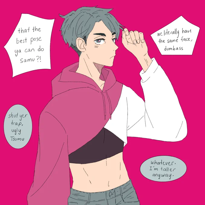 osamu in that crop top hoodie ? and atsumu taking the pics for him ?

#miyatwins #haikyuu #miya 