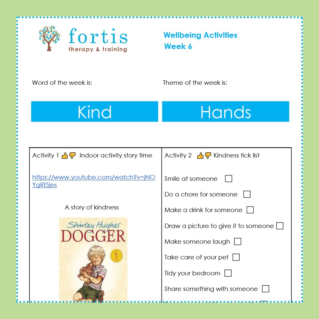 This is the final of our weekly activity sheets for the kids to do and the theme is so important - kindness! With baking, crafts, outdoor exploration and storytime...

Download on the Fortis Resource Hub - scroll down to Wellbeing Activity Sheets. buff.ly/3dnbbOi 💙x