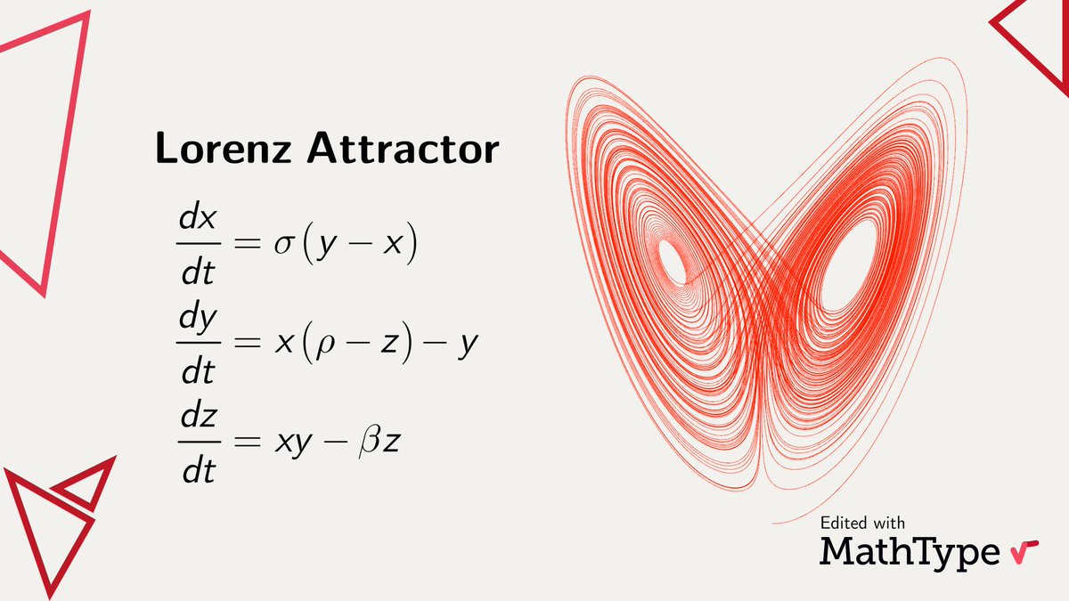 MathType (@MathType) on Twitter photo 2020-08-24 06:30:37 In the 60s, Edward N. Lorenz stumbled upon the concept of chaos. When using early computers to predict weather he realized that small differences in the initial conditions of the system had a huge impact long term: the Butterfly Effect #DynamicalSystems #ChaosTheory #MathType In the 60s, Edward N. Lorenz stumbled upon the concept of chaos. When using early computers to predict weather he realized that small differences in the initial conditions of the system had a huge impact long term: the Butterfly Effect #DynamicalSystems #ChaosTheory #MathType