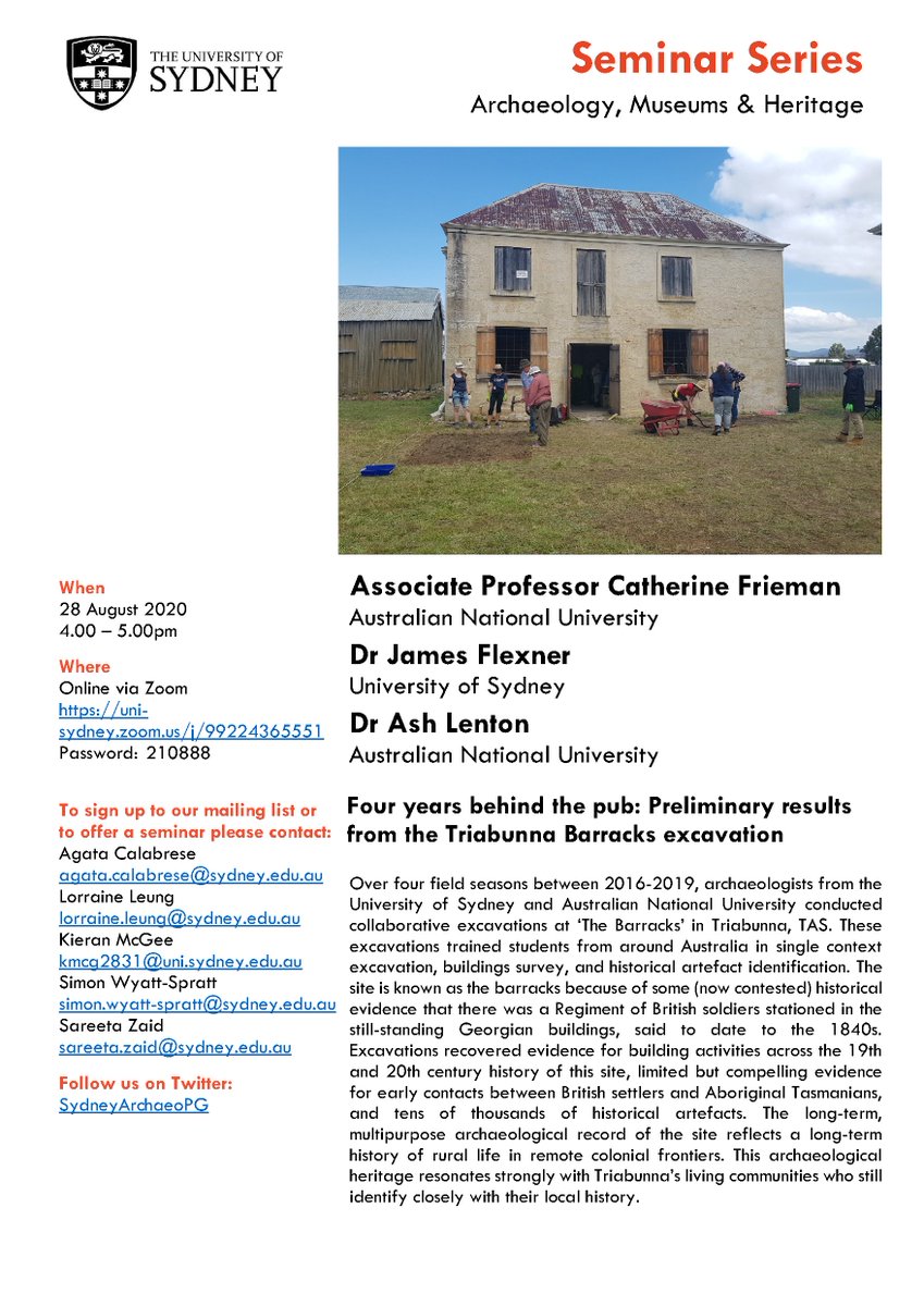 SydneyArchaeoPG's tweet photo. Our first #Archaeology #Museums #Heritage seminar for the semester is 4pm Friday! @CJFrieman @asheswalkabout & James Flexner will present the results from the #Triabunna Barracks excavations. Check the flyer for details or sign up to our mailing list: https://t.co/tPZjrsU9ez https://t.co/OzdtFYAfgF