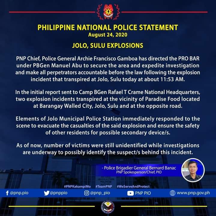 2. Statement from  @pnppio on the Jolo twin explosion. Authorities haven't confirmed it's a terror attack, though it does look like it.