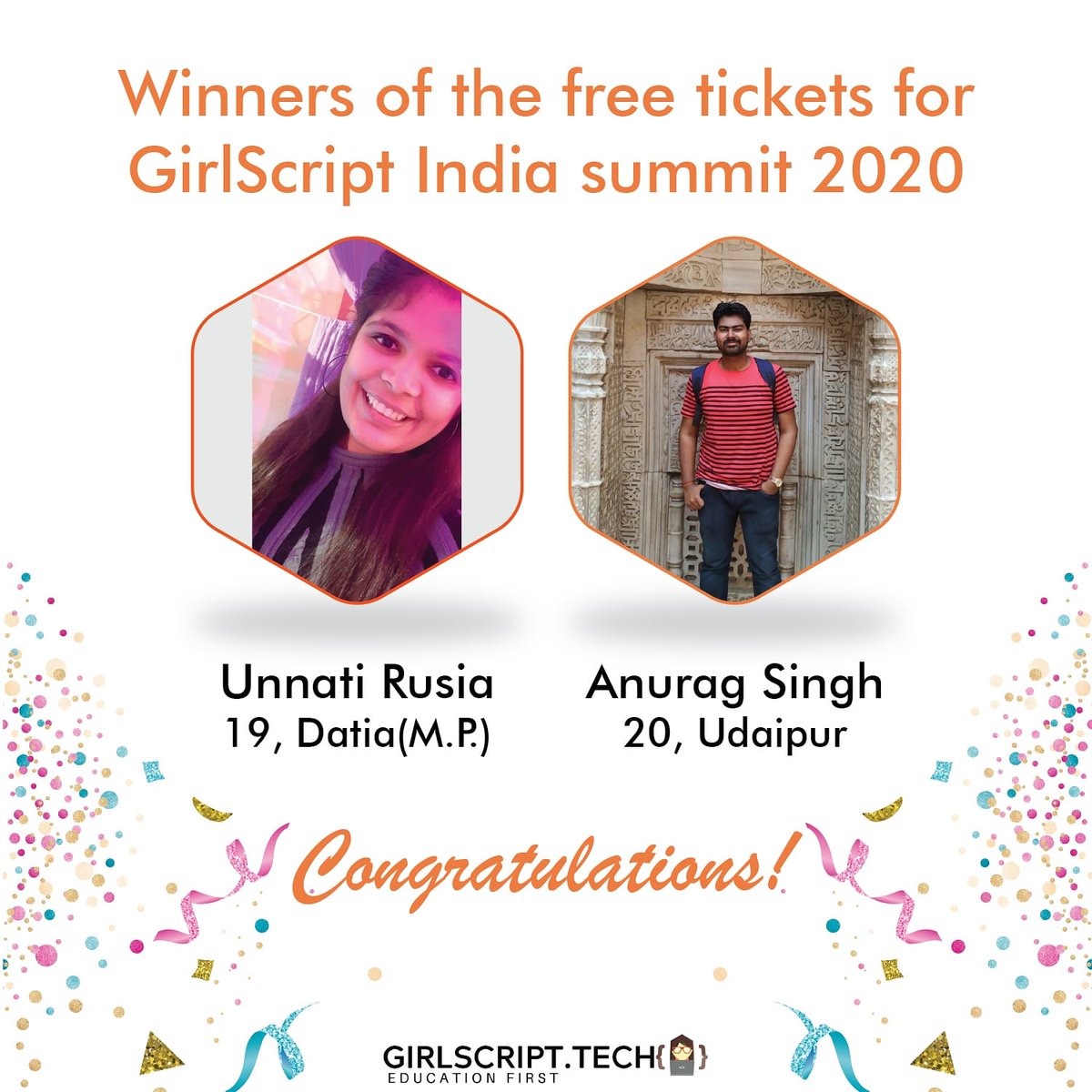 Girlscript1's tweet image. Few days back, we organised a #SpeakUptoBringaChange contest and here are the winners! 
Hearty Congratulations to the winners #unnatirusia , #anuragsingh and thank you for showing support to this contest! 🎉
.
#girlscript #gsyay @yay_edtech