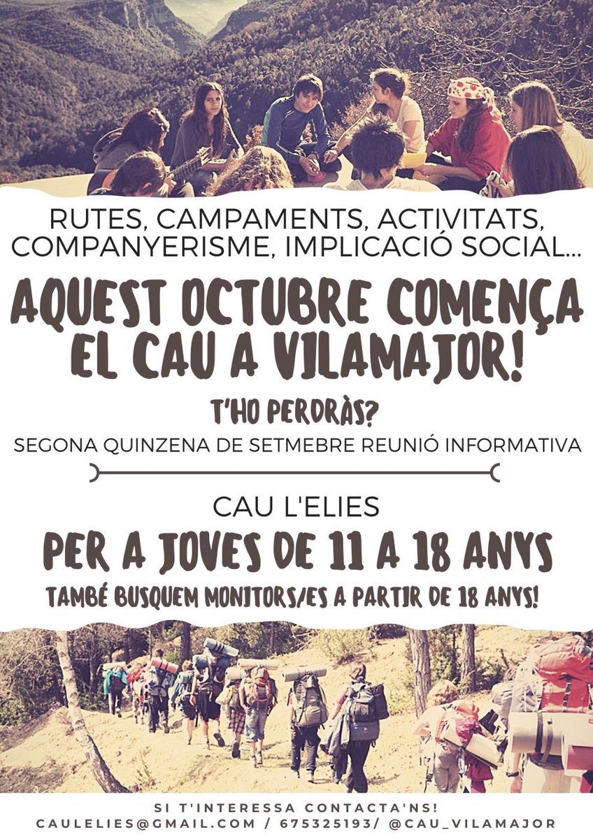 AteneuVilamajor's tweet photo. 🙌 Una gran notícia! Aquest octubre el Cau de Vilamajor comença la seva activitat! Per a joves d'11 a 18 anys.
✉️ caulelies@gmail.com
📱 675325193
➡️ https://t.co/nIwY7IwY2l https://t.co/sLvBs9vaXi
