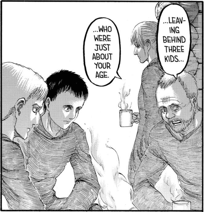 We’ve now seen the old man (96), Reiner (100), and Eren (131) desire judgment after confessing their sins. Did Bertolt lift this story to do the same? He later muses that the old man wanted to be judged, does he know this because he too wanted to be judged by Eren and Armin?