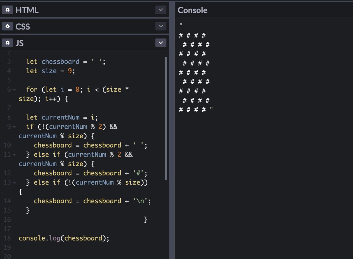 Jlopenshaw's tweet image. Day 15 of #100DaysOfCode
Eloquent JavaScript Chessboard challenge
This one took me a while, but figured it out in the end!
#CodeNewbies #eloquentjavascript #WomenWhoCode