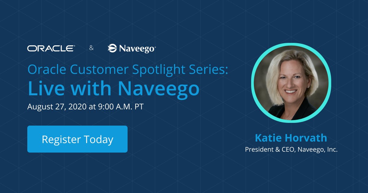 Register today to catch Naveego CEO Katie Horvath on the Oracle Customer Spotlight series August 27th. She'll be sharing more about how Naveego's switch to Oracle Cloud Infrastructure has increased performance and R&amp;D while cutting costs. 
Register here👉🏼bit.ly/3j26qLT