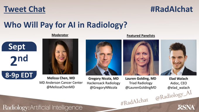 Really excited for the next #RadAIchat: "Who will pay for #AI in #radiology?"  Wed. 2 Sept. at 8pm ET.