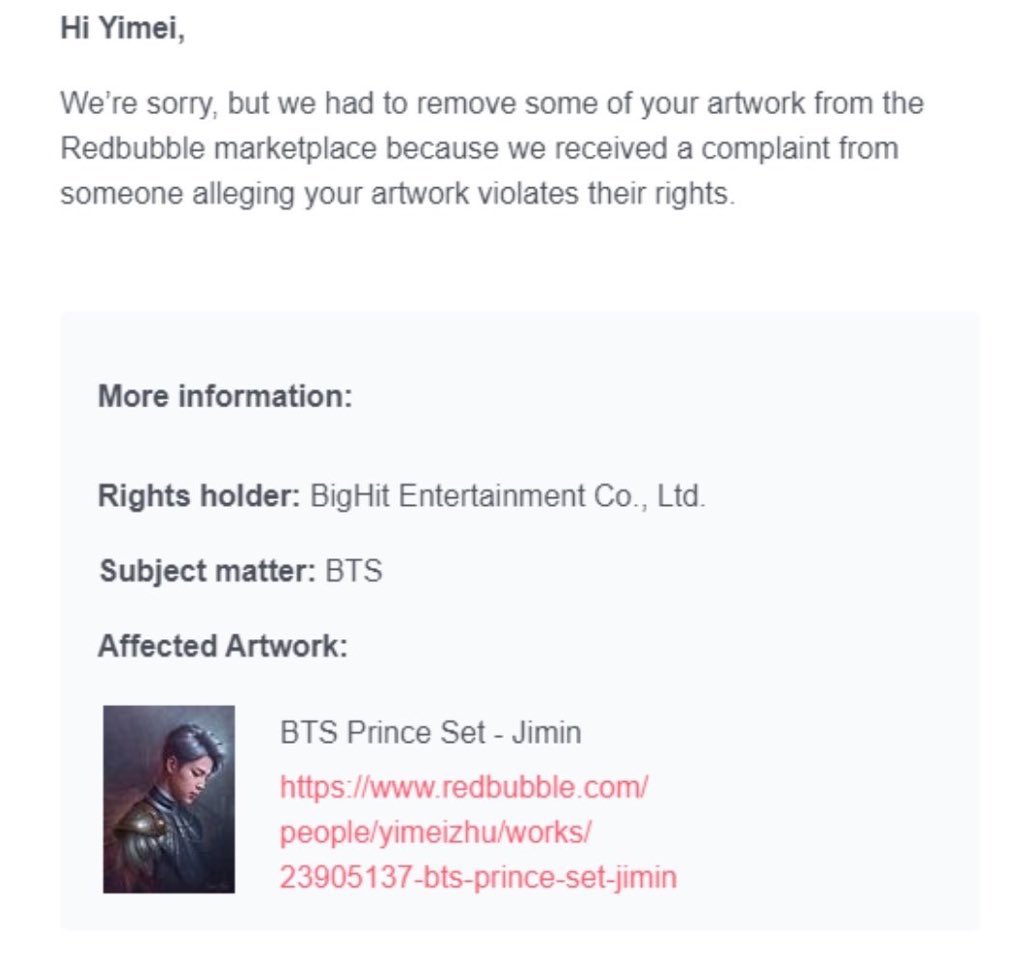  Bighit took down fanart of Jimin from a website due to copyrights. What’s weird is that other members fanarts are still there. If it’s about copyrights thn shouldn’t they ask to remove all them? #BeFairToJimin