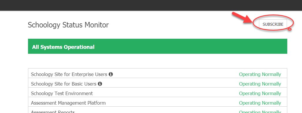 AliefTech's tweet photo. Be sure that you are signed up for alerts from @Schoology so you'll always be in the know about site performance, maintenance, outages, and more! Visit https://t.co/oPUNPDnova and subscribe today! #AliefLearnsatHome #AliefLearns #AliefTech @AliefISD @Alief_Libraries https://t.co/34BKGIw1gj