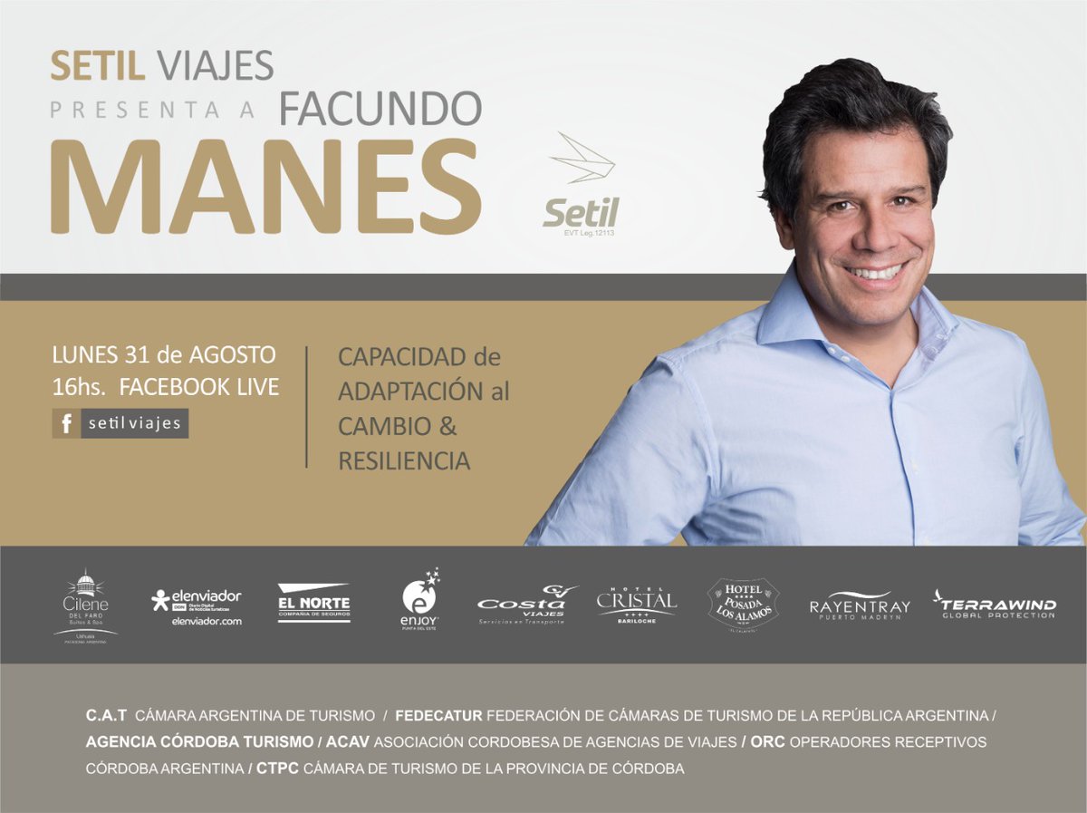 setilviajes's tweet photo. Desde Setil Viajes tenemos el agrado de invitarlos a participar de la charla online gratuita de Facundo Manes.
Lunes 31/08 - 16 hs. - Facebook Live: setilviajes https://t.co/eavpfKL3hh